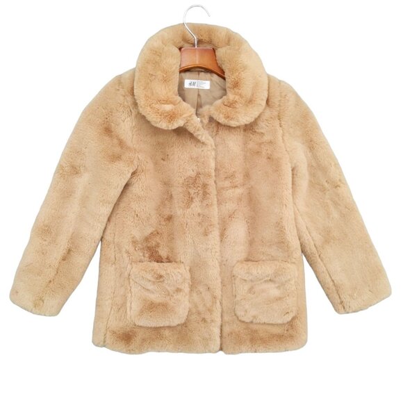 HM Faux Fur Teddy Coat Womens Beige Snap Front Collared Long Sleeve Jacket Sz 10 - Picture 1 of 9